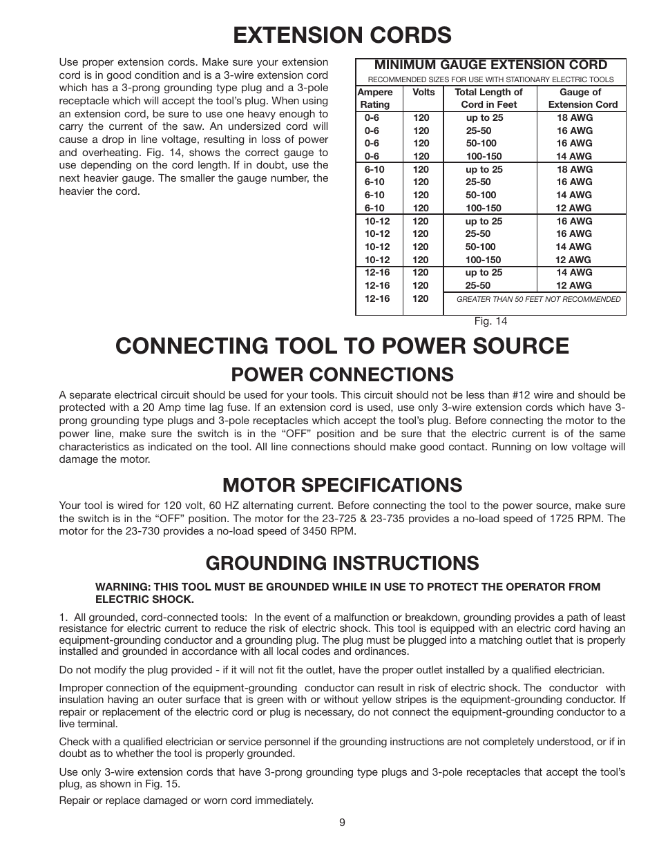 Extension cords, Connecting tool to power source, Power connections | Motor specifications, Grounding instructions | Delta 23-735 User Manual | Page 9 / 16