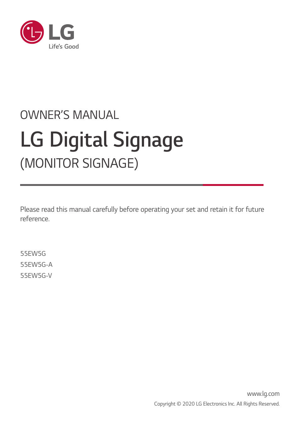 LG EW5G-V Series 55" Full HD Transparent OLED Signage Display User Manual | 131 pages