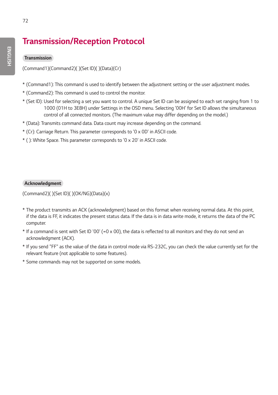 Transmission/reception protocol | LG EW5G-V Series 55" Full HD Transparent OLED Signage Display User Manual | Page 106 / 131