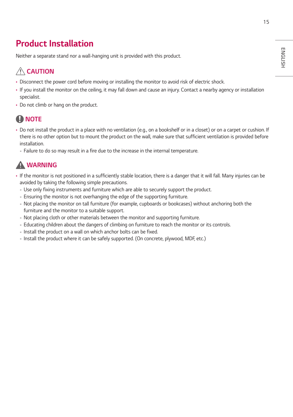 Product installation, Caution, Warning | LG EW5G-V Series 55" Full HD Transparent OLED Signage Display User Manual | Page 15 / 131