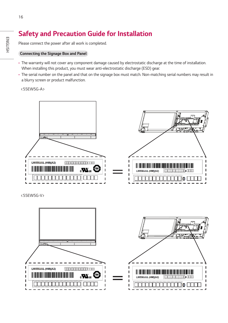 Safety and precaution guide for installation | LG EW5G-V Series 55" Full HD Transparent OLED Signage Display User Manual | Page 16 / 131