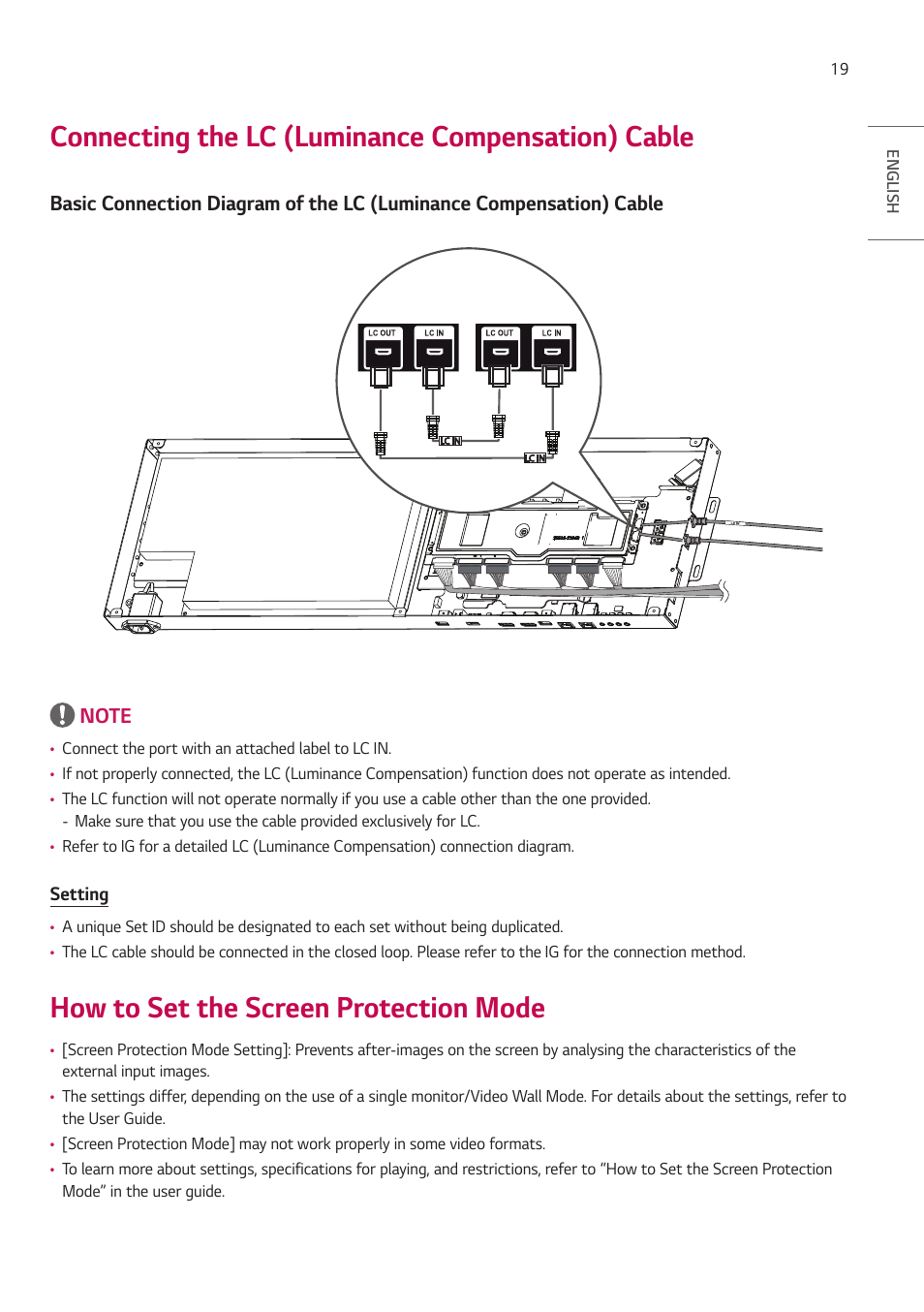 Connecting the lc (luminance compensation) cable, How to set the screen protection mode, Connecting the lc (luminance compensation) | Cable | LG EW5G-V Series 55" Full HD Transparent OLED Signage Display User Manual | Page 19 / 131