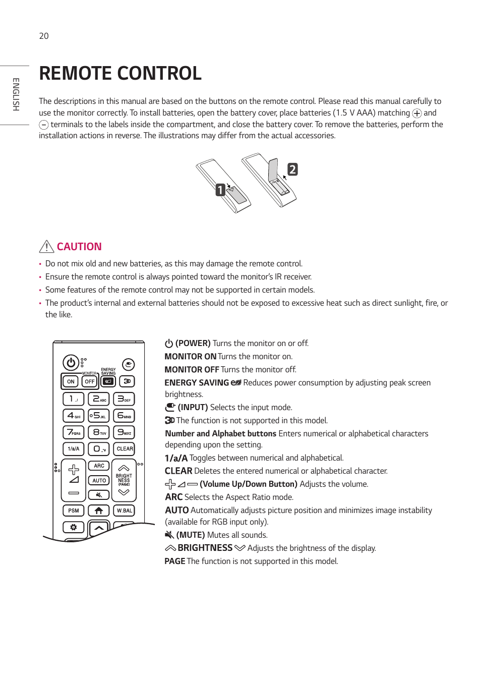 Remote control, Caution | LG EW5G-V Series 55" Full HD Transparent OLED Signage Display User Manual | Page 20 / 131