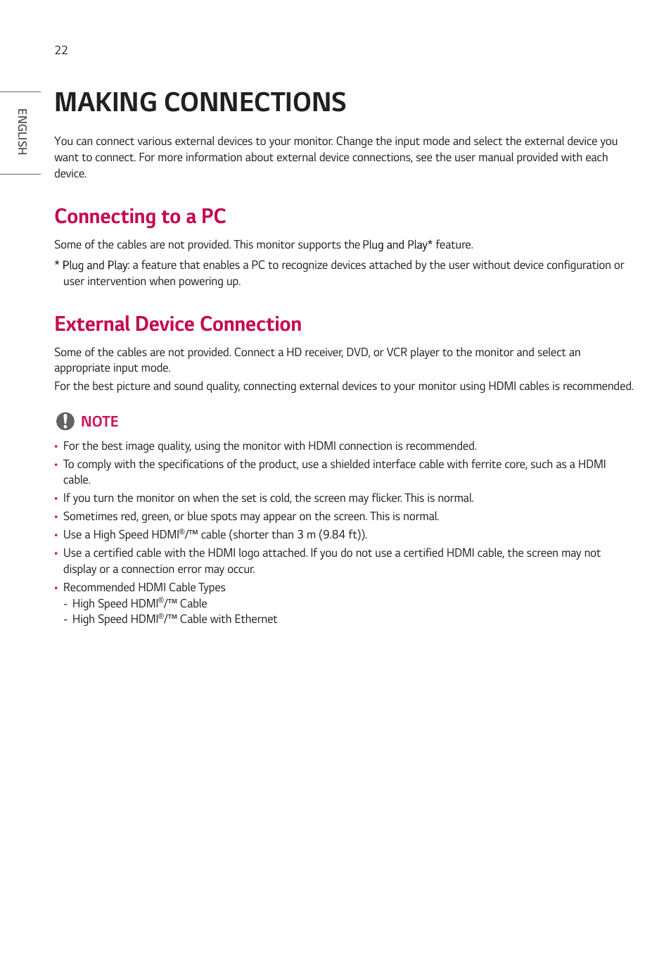 Making connections, Connecting to a pc, External device connection | LG EW5G-V Series 55" Full HD Transparent OLED Signage Display User Manual | Page 22 / 131