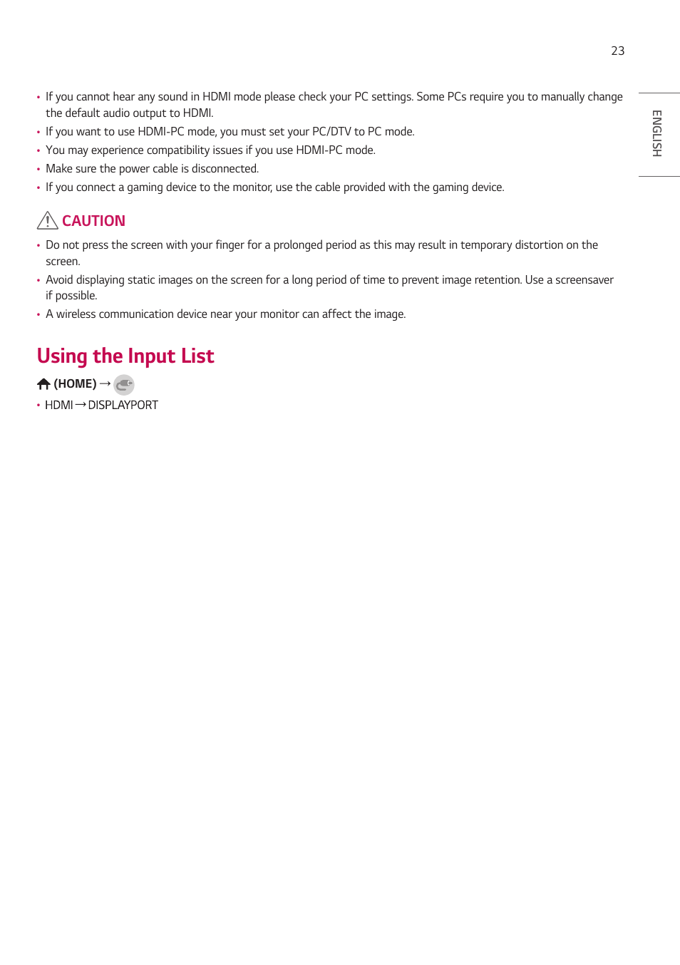 Using the input list, Caution | LG EW5G-V Series 55" Full HD Transparent OLED Signage Display User Manual | Page 23 / 131