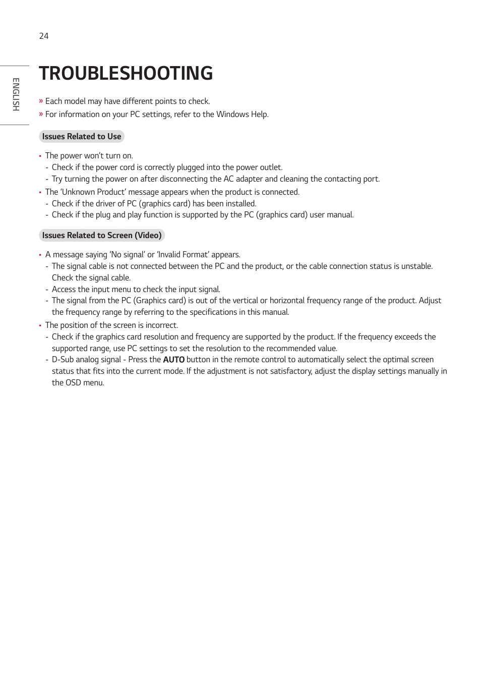 Troubleshooting | LG EW5G-V Series 55" Full HD Transparent OLED Signage Display User Manual | Page 24 / 131