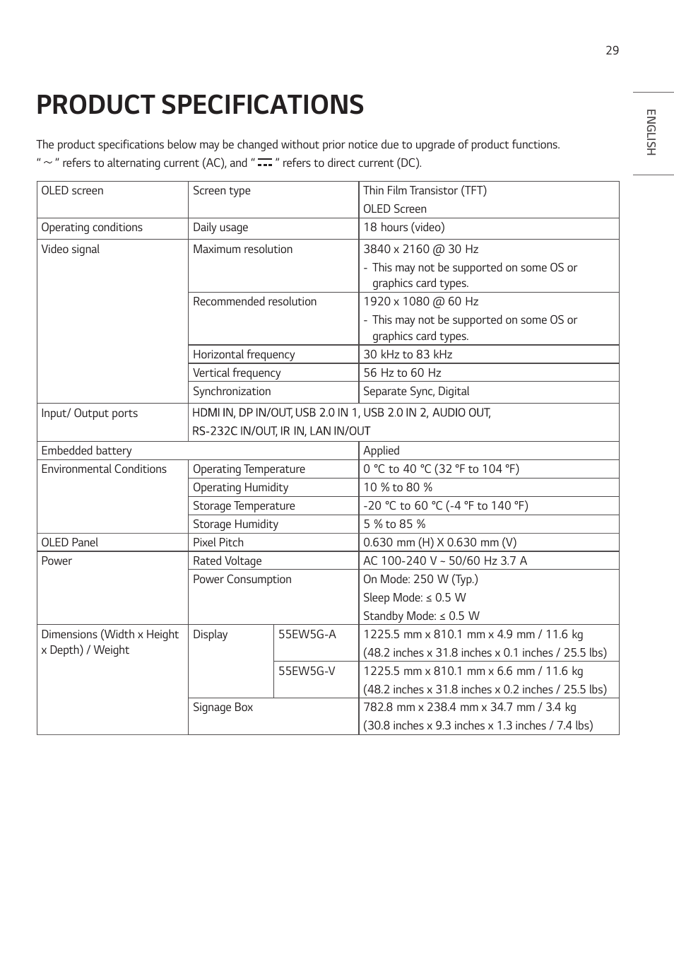 Product specifications | LG EW5G-V Series 55" Full HD Transparent OLED Signage Display User Manual | Page 29 / 131