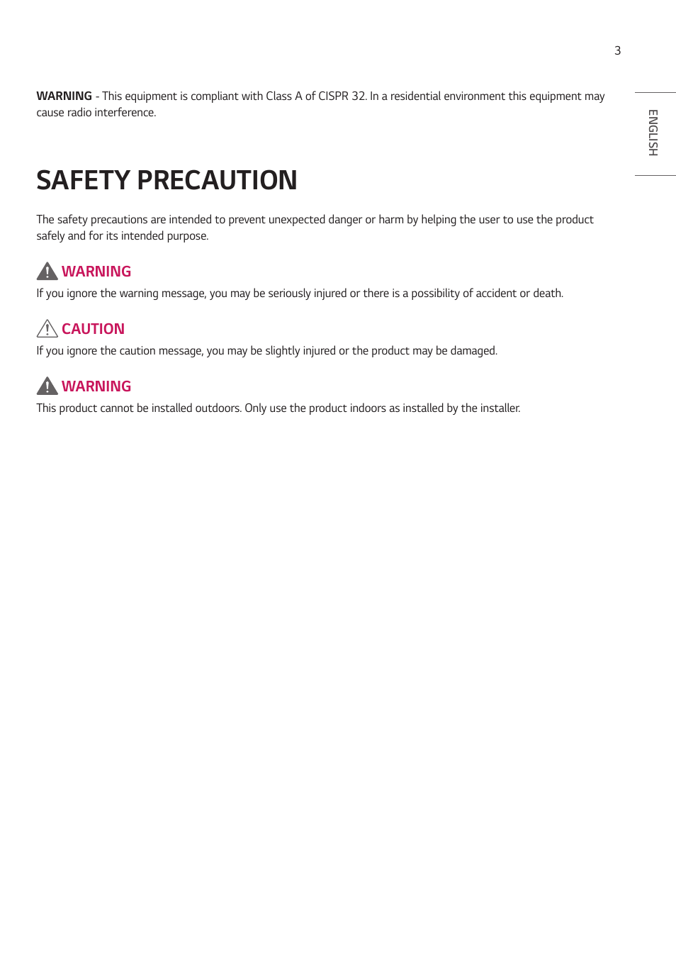 Safety precaution, Warning, Caution | LG EW5G-V Series 55" Full HD Transparent OLED Signage Display User Manual | Page 3 / 131