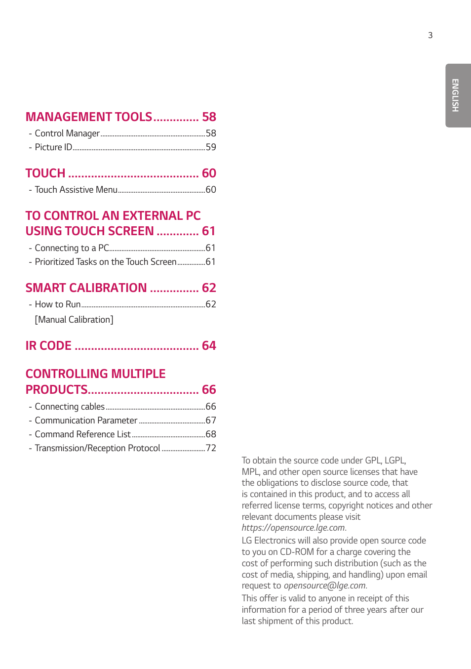 Management tools, Touch, Smart calibration | Ir code controlling multiple products | LG EW5G-V Series 55" Full HD Transparent OLED Signage Display User Manual | Page 37 / 131