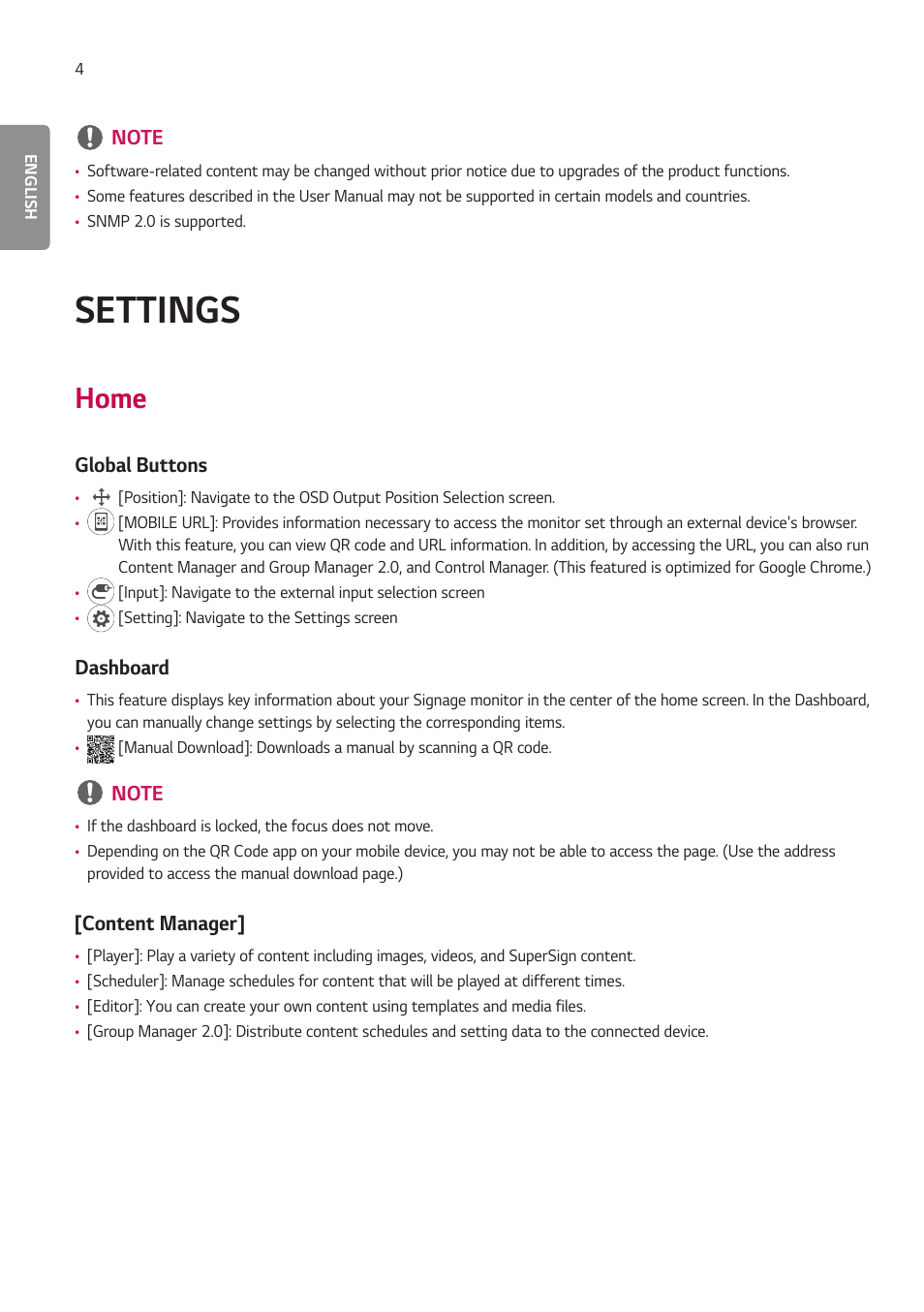 Settings, Home, Global buttons | Dashboard, Content manager, Global buttons dashboard [content manager | LG EW5G-V Series 55" Full HD Transparent OLED Signage Display User Manual | Page 38 / 131