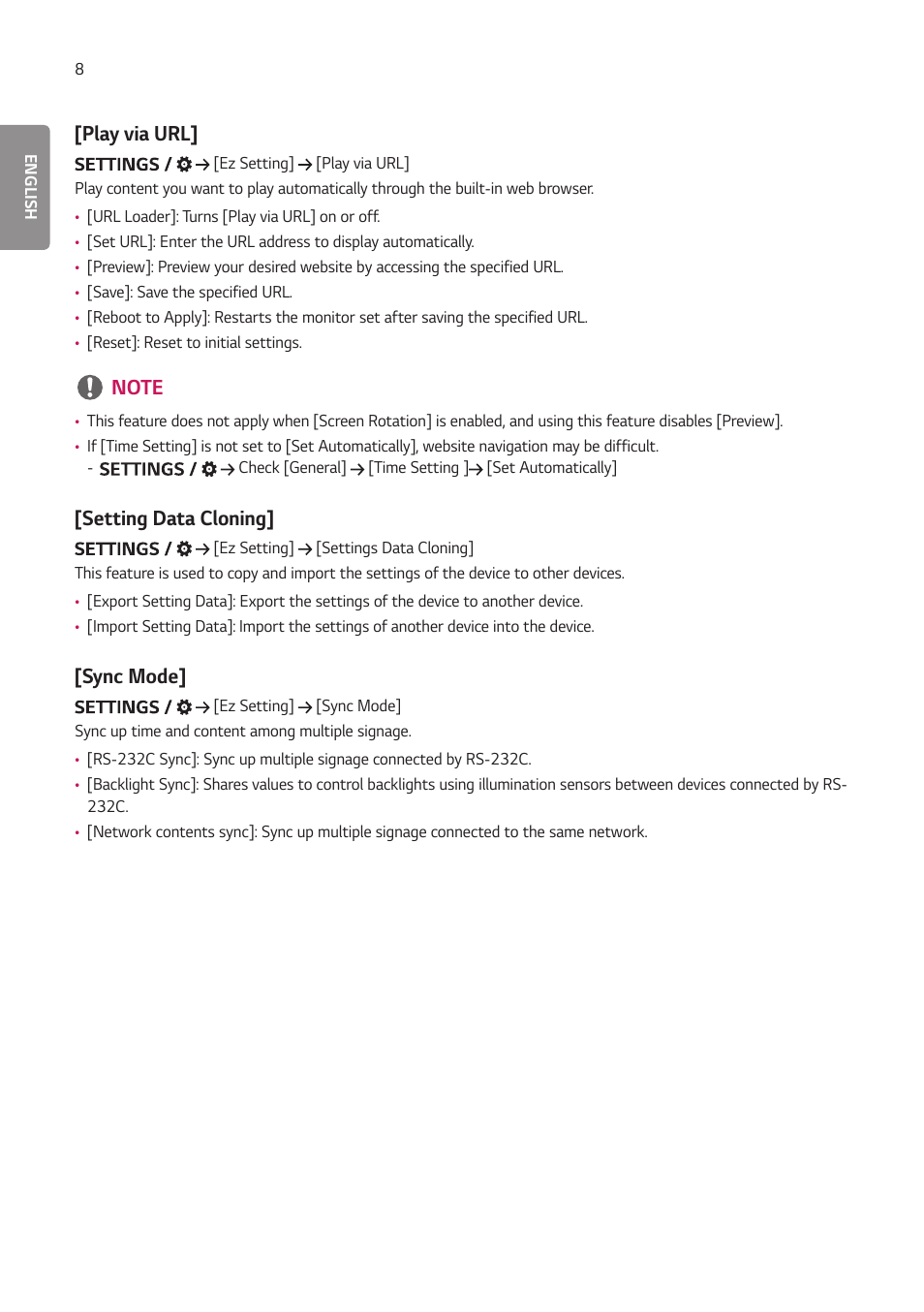 Play via url, Setting data cloning, Sync mode | Play via url] [setting data cloning] [sync mode | LG EW5G-V Series 55" Full HD Transparent OLED Signage Display User Manual | Page 42 / 131