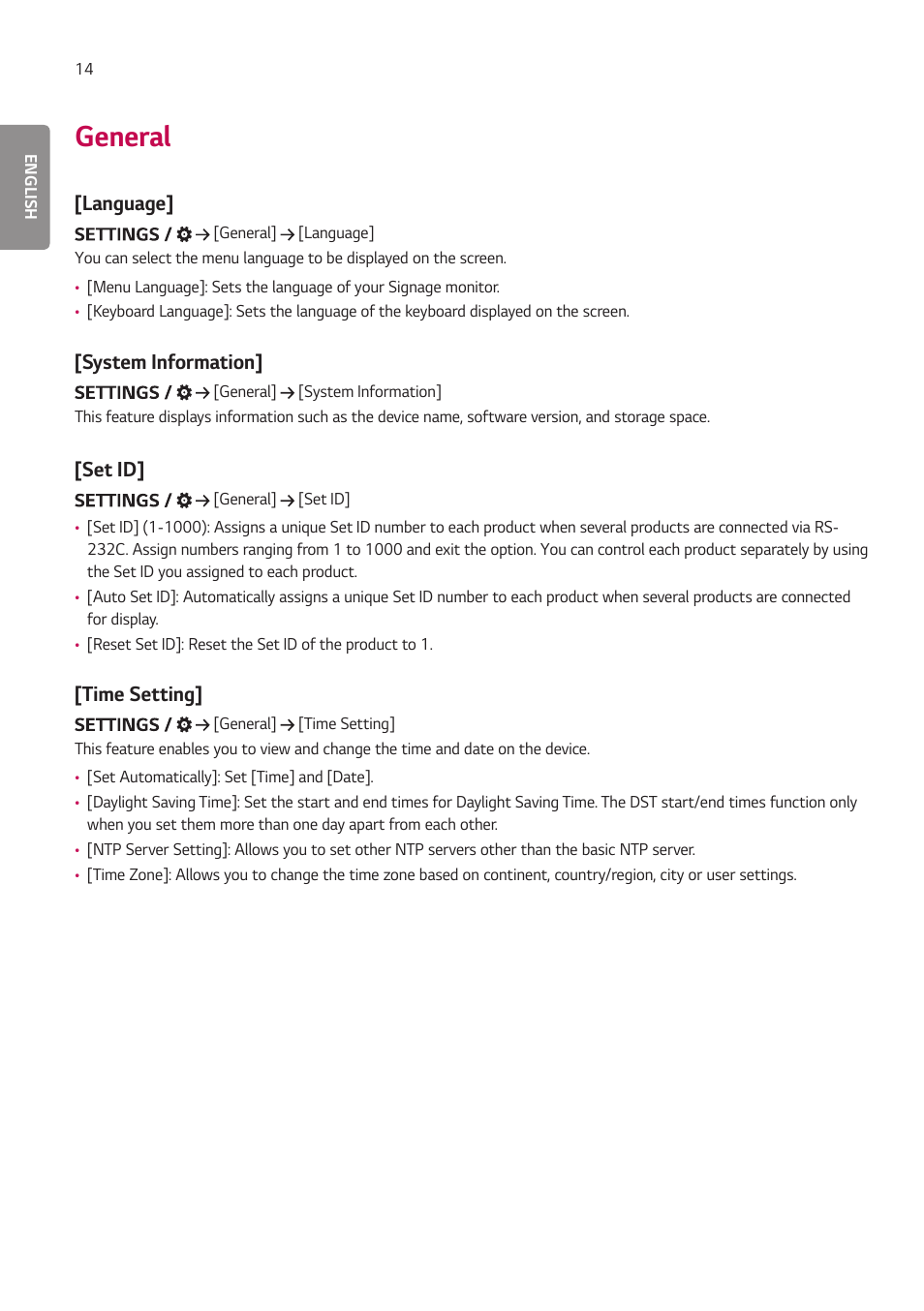 General, Language, System information | Set id, Time setting | LG EW5G-V Series 55" Full HD Transparent OLED Signage Display User Manual | Page 48 / 131