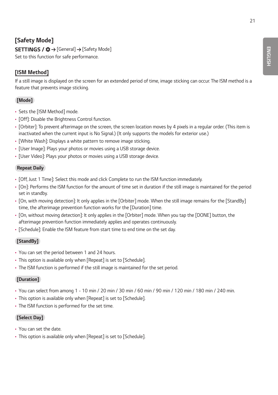 Safety mode | LG EW5G-V Series 55" Full HD Transparent OLED Signage Display User Manual | Page 55 / 131