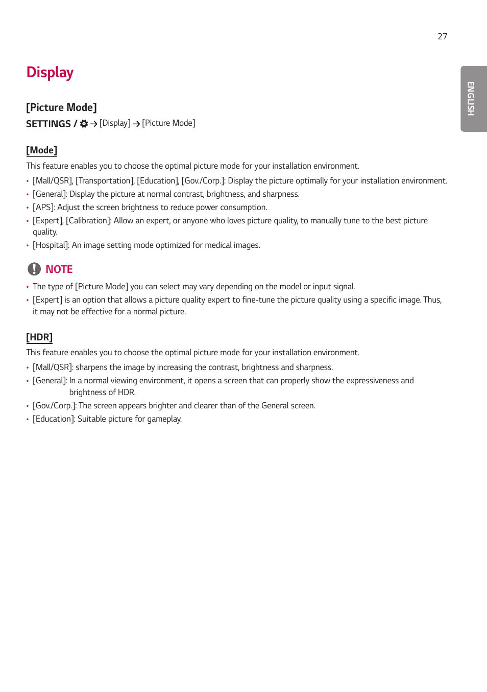 Display, Picture mode | LG EW5G-V Series 55" Full HD Transparent OLED Signage Display User Manual | Page 61 / 131