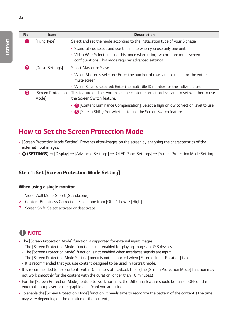 How to set the screen protection mode, Step 1: set [screen protection mode setting | LG EW5G-V Series 55" Full HD Transparent OLED Signage Display User Manual | Page 66 / 131