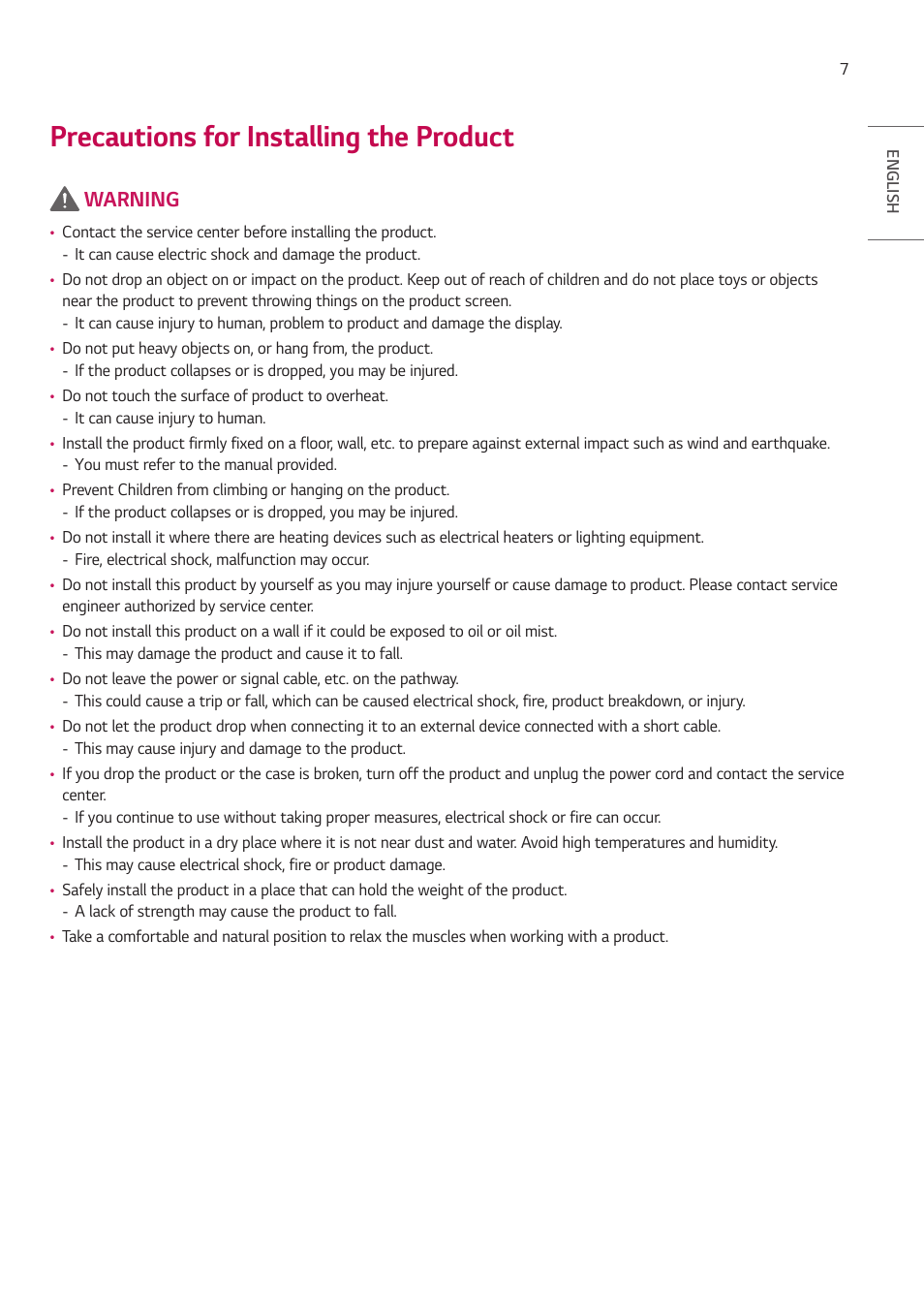 Precautions for installing the product, Warning | LG EW5G-V Series 55" Full HD Transparent OLED Signage Display User Manual | Page 7 / 131