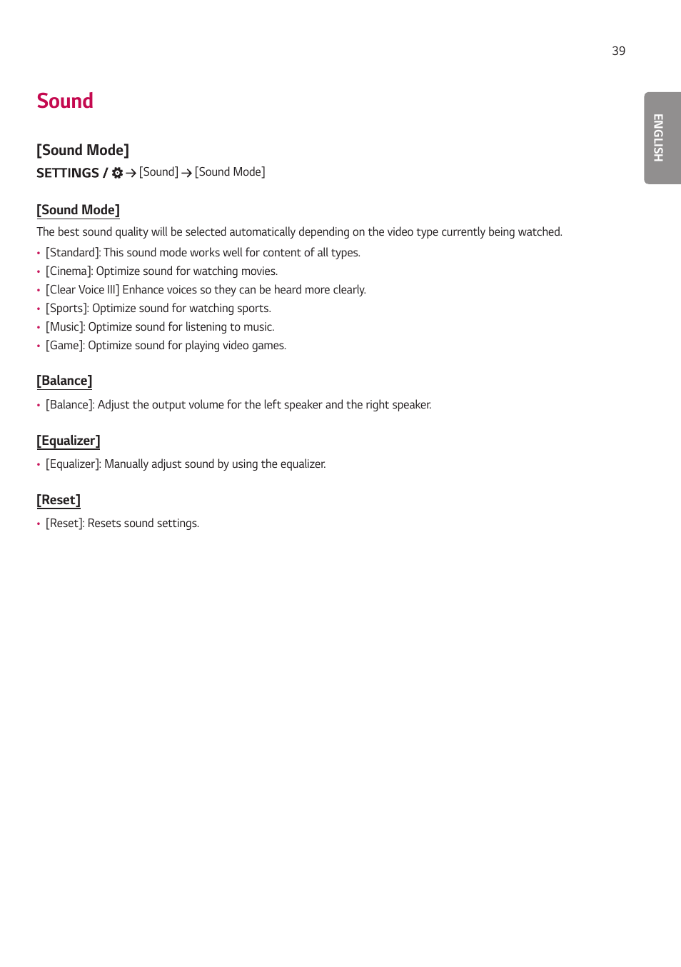 Sound, Sound mode | LG EW5G-V Series 55" Full HD Transparent OLED Signage Display User Manual | Page 73 / 131