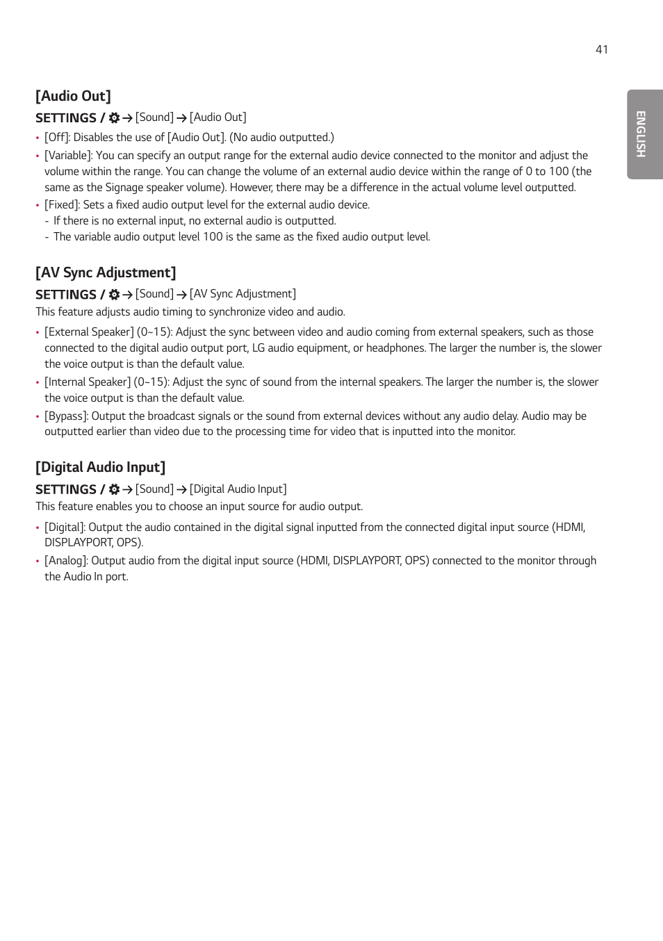 Audio out, Av sync adjustment, Digital audio input | LG EW5G-V Series 55" Full HD Transparent OLED Signage Display User Manual | Page 75 / 131