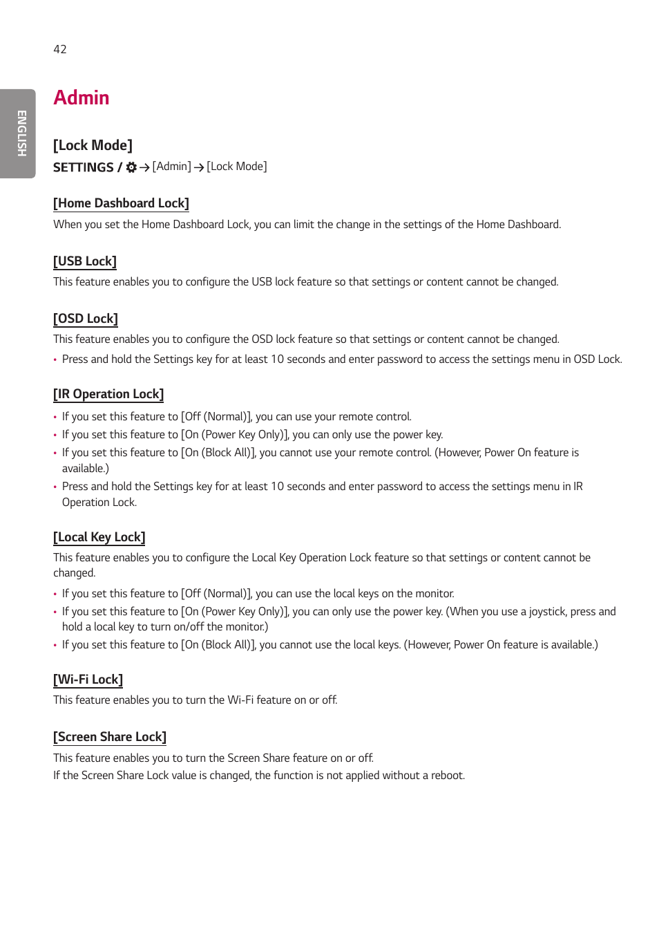 Admin, Lock mode | LG EW5G-V Series 55" Full HD Transparent OLED Signage Display User Manual | Page 76 / 131