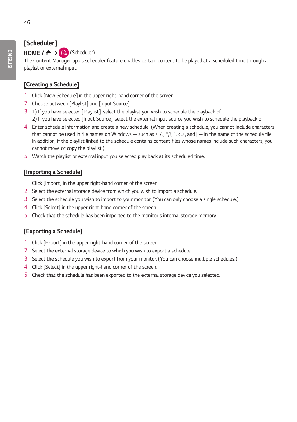 Scheduler | LG EW5G-V Series 55" Full HD Transparent OLED Signage Display User Manual | Page 80 / 131