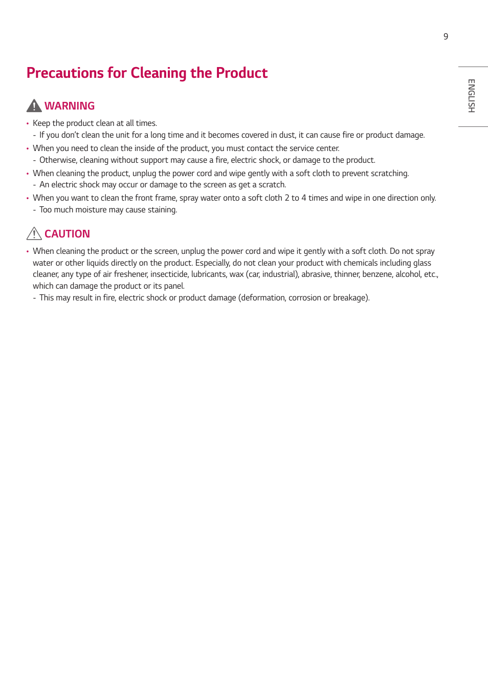 Precautions for cleaning the product, Warning, Caution | LG EW5G-V Series 55" Full HD Transparent OLED Signage Display User Manual | Page 9 / 131