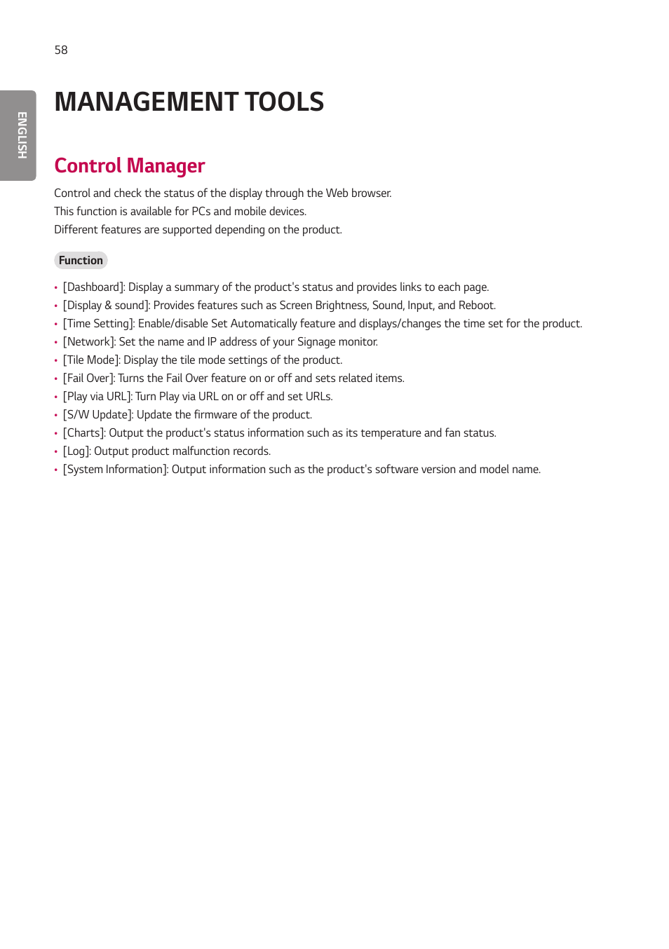 Management tools, Control manager | LG EW5G-V Series 55" Full HD Transparent OLED Signage Display User Manual | Page 92 / 131