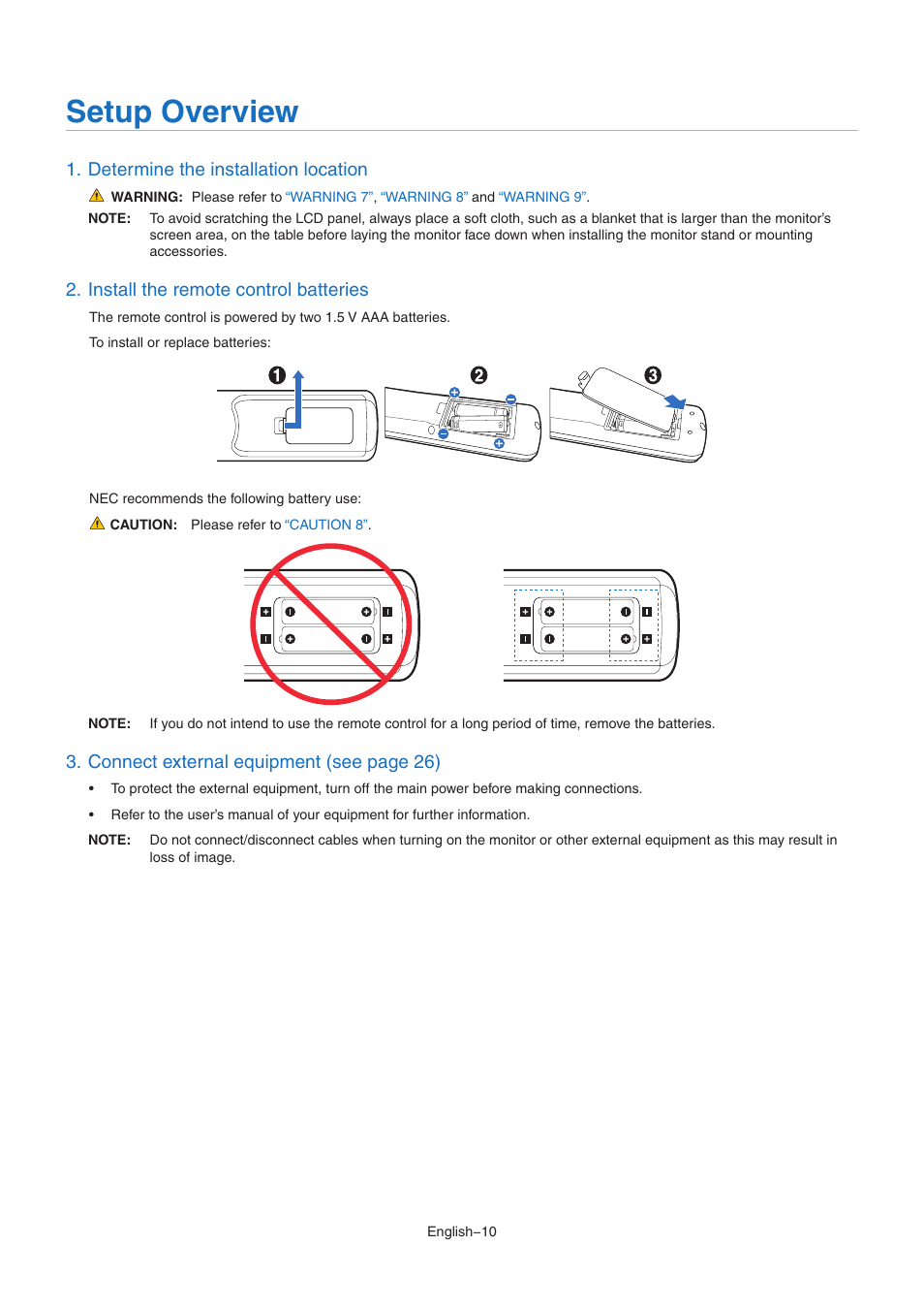 Setup overview, Determine the installation location, Install the remote control batteries | Connect exter nal equipment (see page 26) | NEC MultiSync M491 49" Class HDR 4K UHD Commercial IPS LED Display User Manual | Page 14 / 97