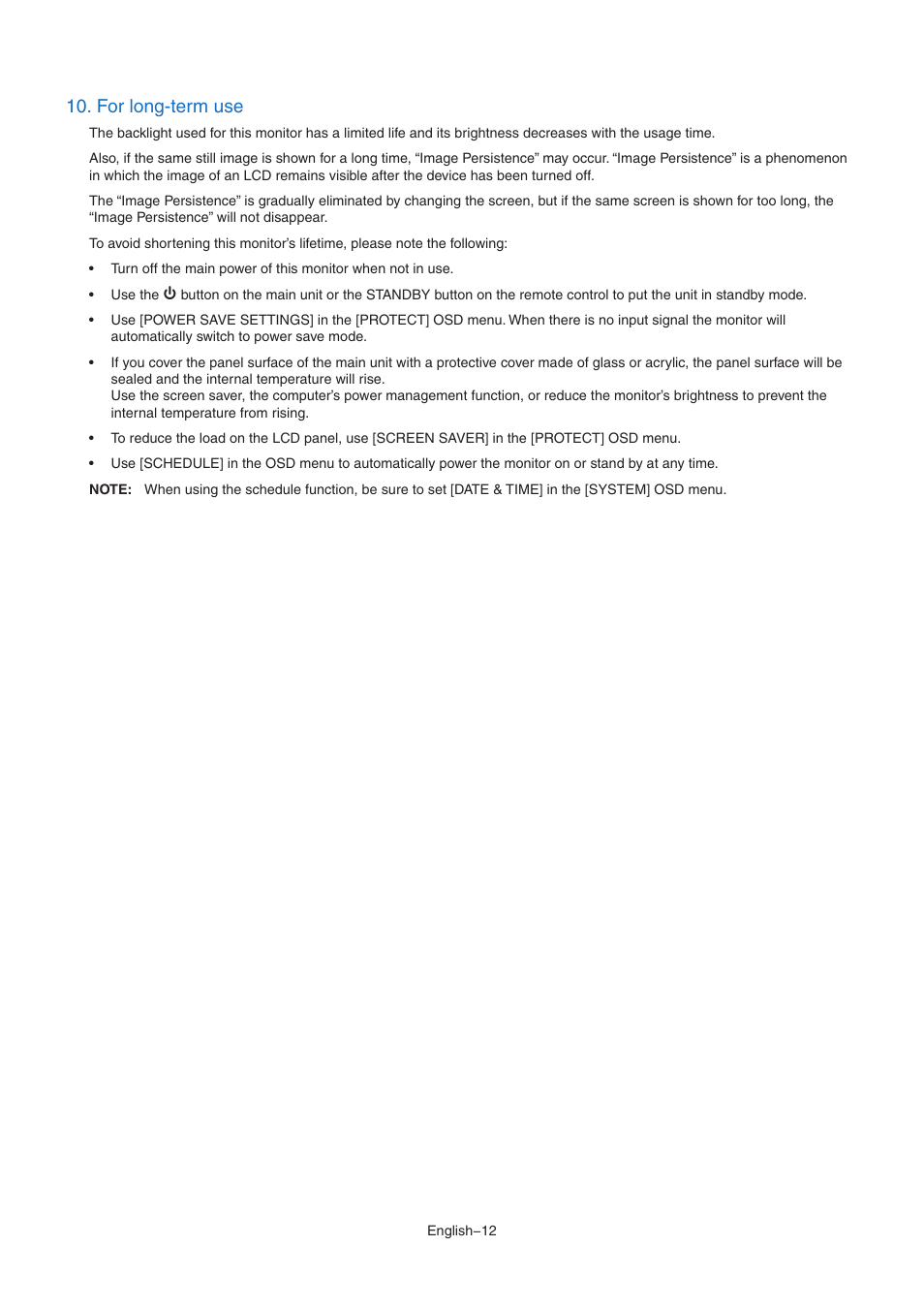 For long-term use | NEC MultiSync M491 49" Class HDR 4K UHD Commercial IPS LED Display User Manual | Page 16 / 97