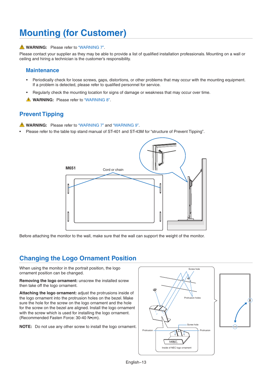 Mounting (for customer), Changing the logo ornament position, Prevent tipping | Maintenance | NEC MultiSync M491 49" Class HDR 4K UHD Commercial IPS LED Display User Manual | Page 17 / 97