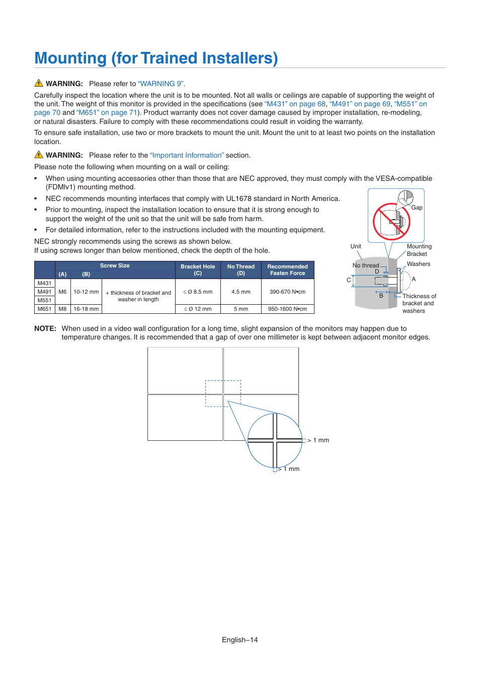 Mounting (for trained installers) | NEC MultiSync M491 49" Class HDR 4K UHD Commercial IPS LED Display User Manual | Page 18 / 97