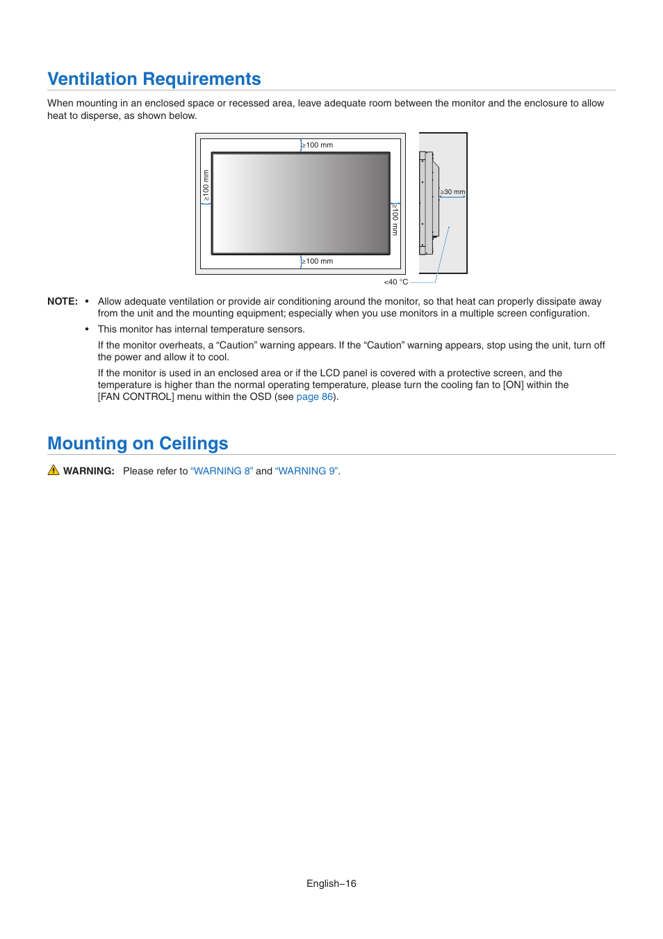 Ventilation requirements, Mounting on ceilings, Ventilation requirements mounting on ceilings | NEC MultiSync M491 49" Class HDR 4K UHD Commercial IPS LED Display User Manual | Page 20 / 97