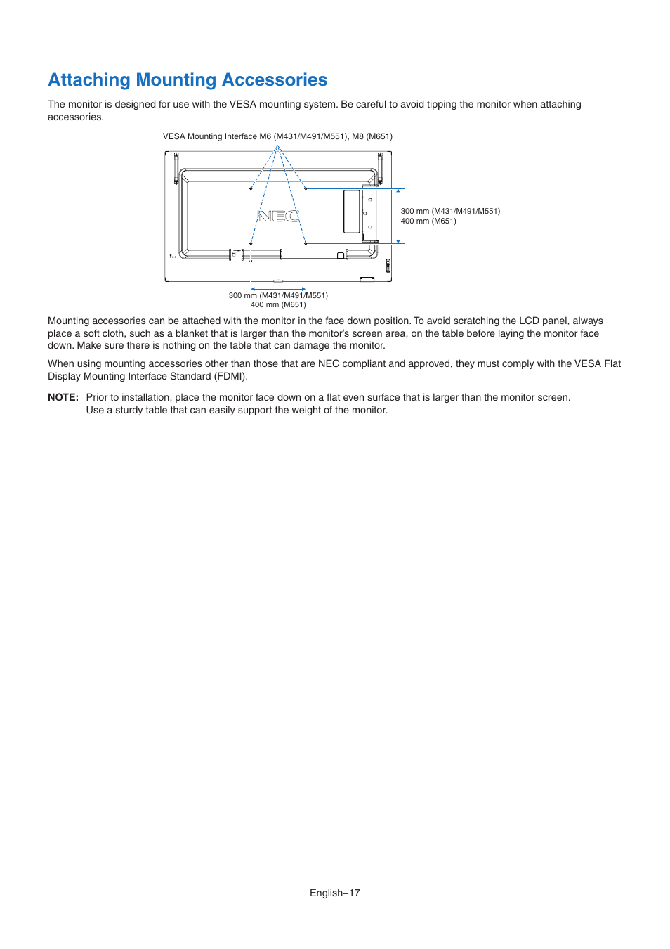 Attaching mounting accessories | NEC MultiSync M491 49" Class HDR 4K UHD Commercial IPS LED Display User Manual | Page 21 / 97