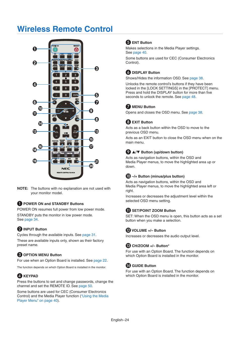 Wireless remote control | NEC MultiSync M491 49" Class HDR 4K UHD Commercial IPS LED Display User Manual | Page 28 / 97