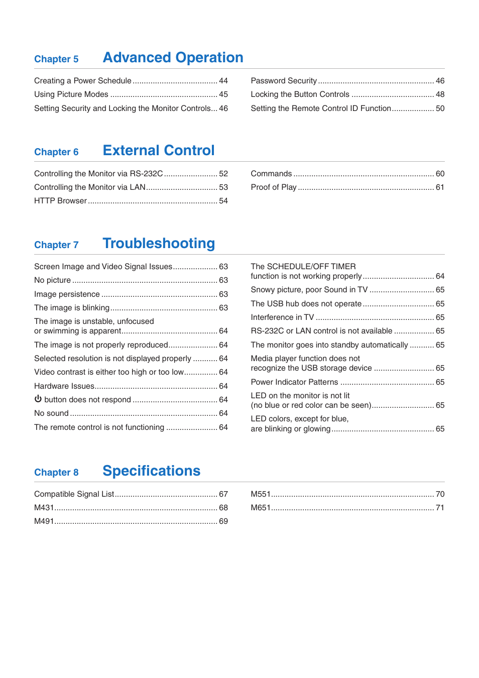 Advanced operation, External control, Troubleshooting | Specifications | NEC MultiSync M491 49" Class HDR 4K UHD Commercial IPS LED Display User Manual | Page 3 / 97