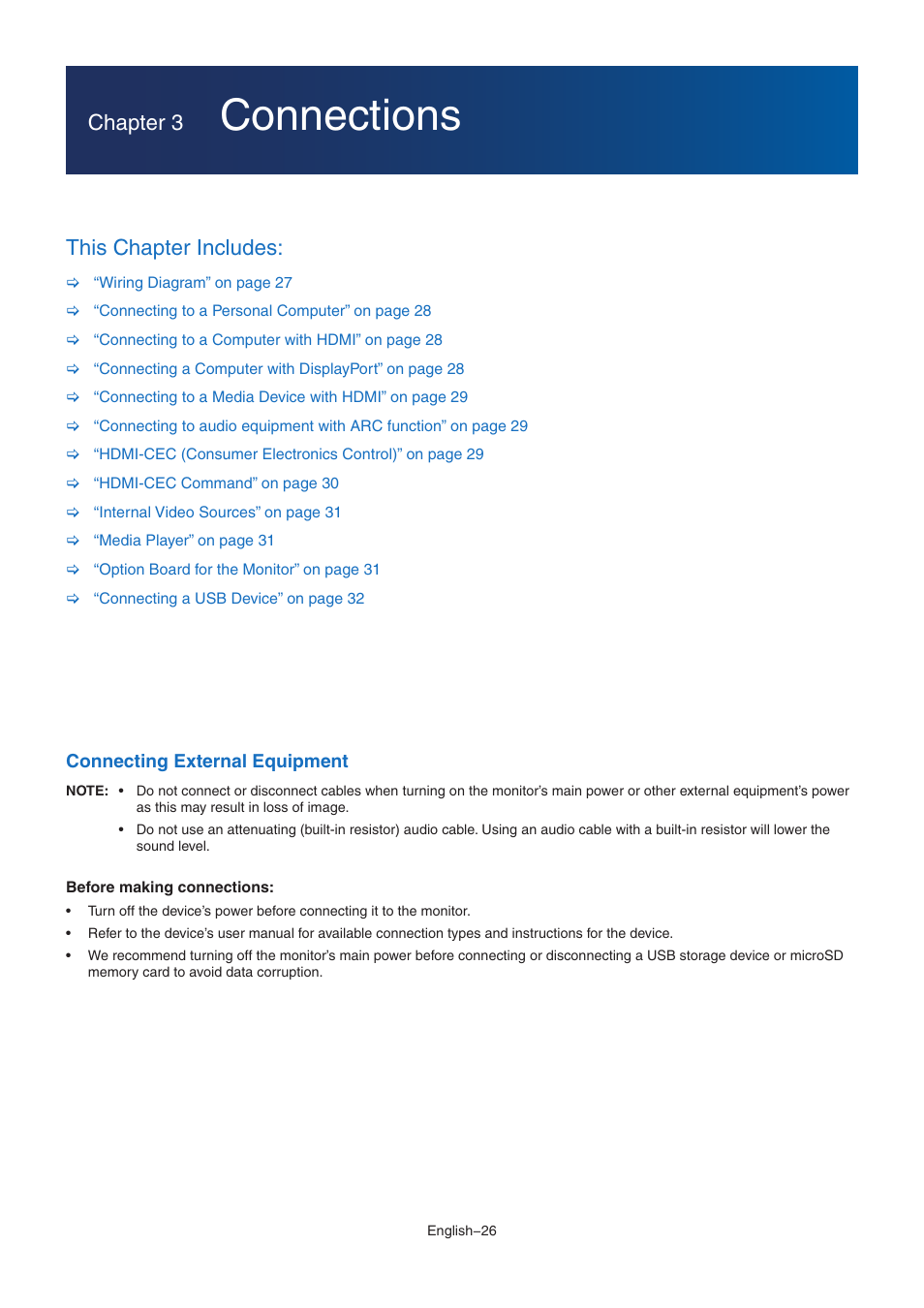 Connections, Chapter 3, This chapter includes | NEC MultiSync M491 49" Class HDR 4K UHD Commercial IPS LED Display User Manual | Page 30 / 97