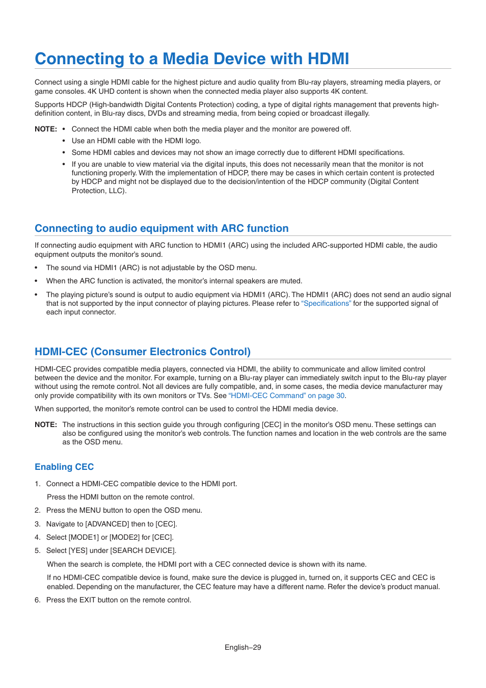 Connecting to a media device with hdmi, Connecting to audio equipment with arc function, Hdmi-cec (consumer electronics control) | NEC MultiSync M491 49" Class HDR 4K UHD Commercial IPS LED Display User Manual | Page 33 / 97