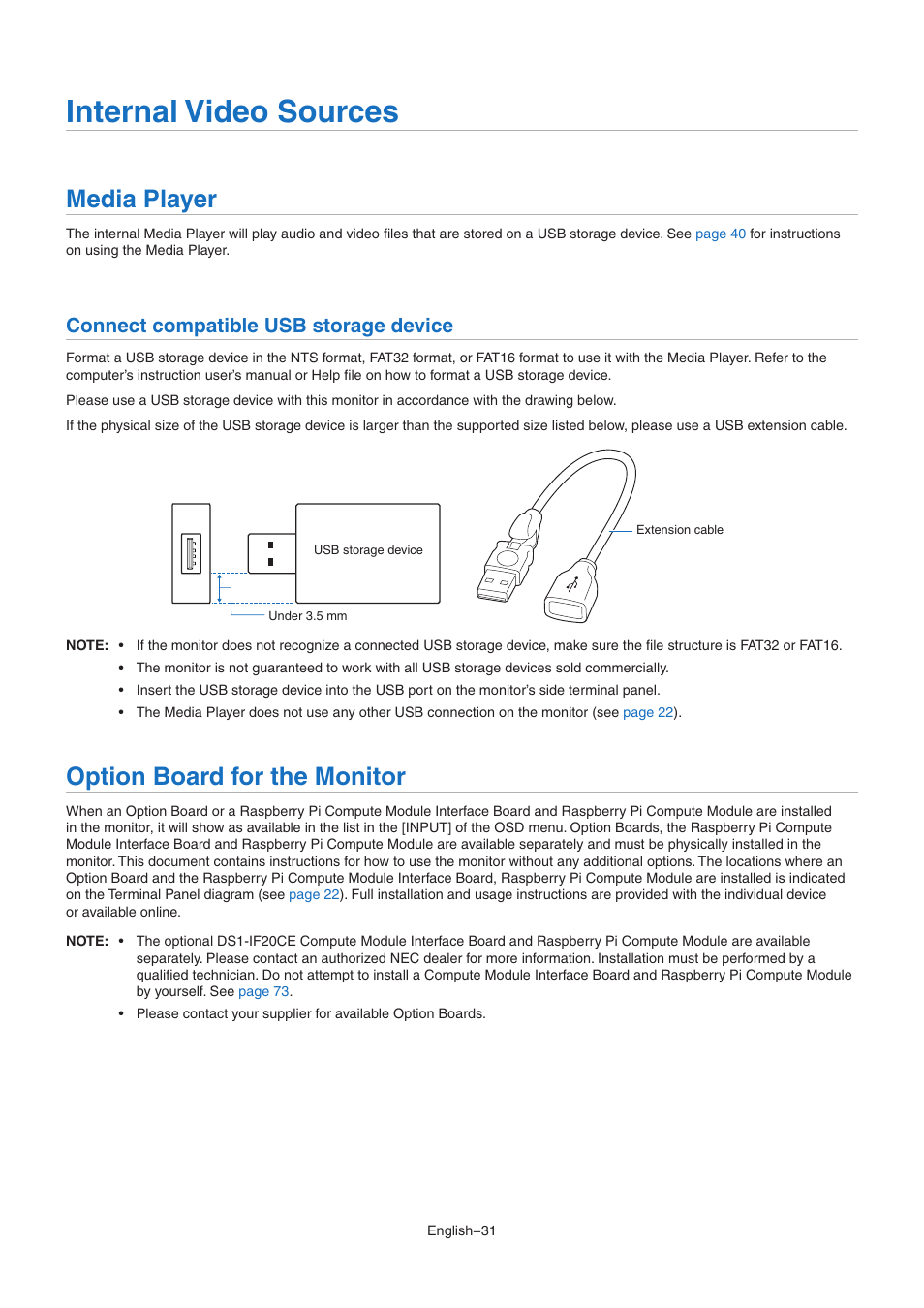 Internal video sources, Media player, Option board for the monitor | Connect compatible usb storage device | NEC MultiSync M491 49" Class HDR 4K UHD Commercial IPS LED Display User Manual | Page 35 / 97