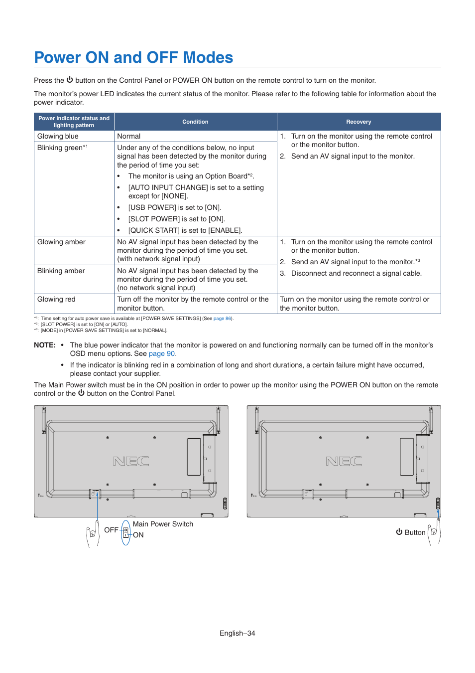 Power on and off modes | NEC MultiSync M491 49" Class HDR 4K UHD Commercial IPS LED Display User Manual | Page 38 / 97