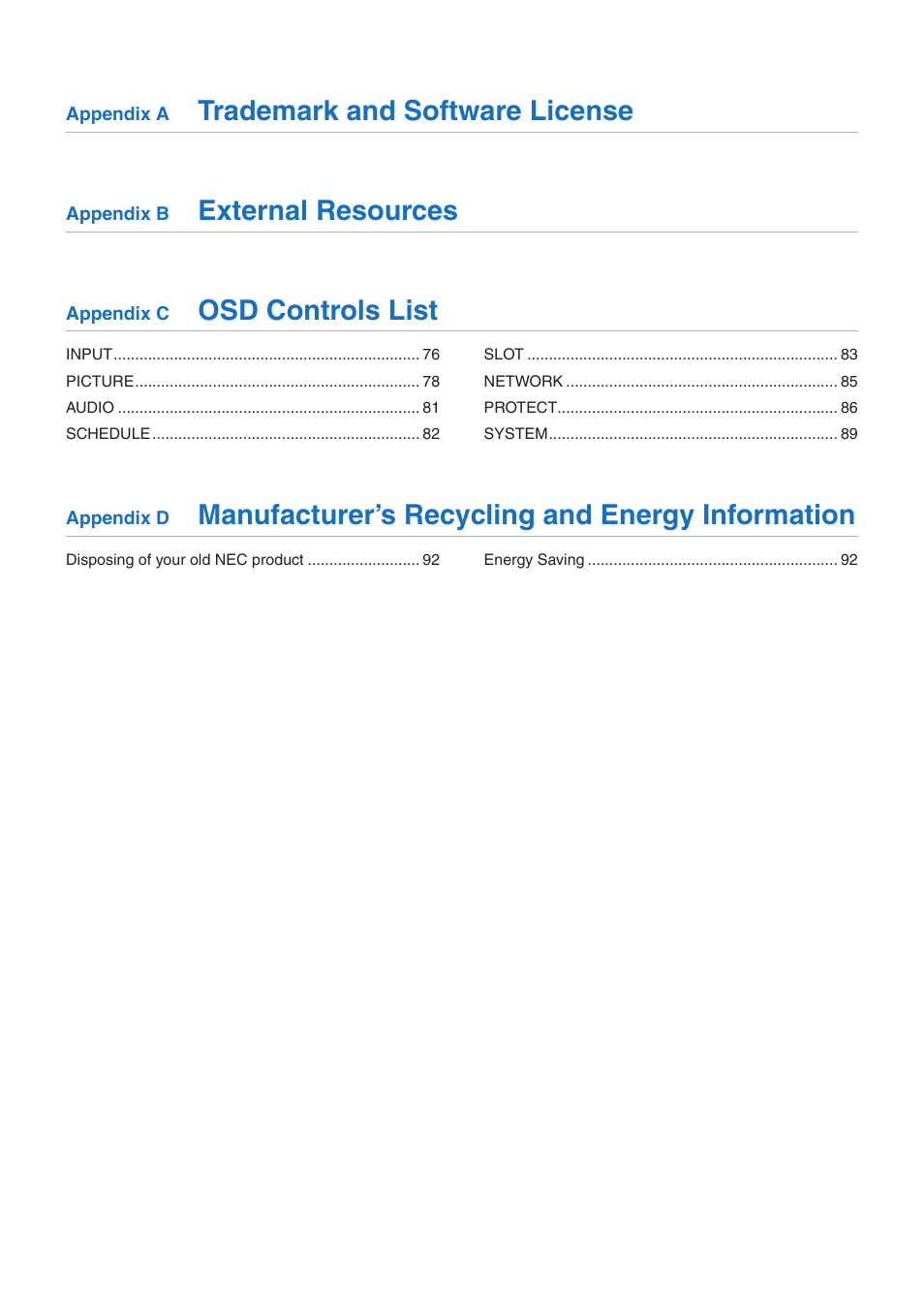 Trademark and software license, External resources, Osd controls list | Manufacturer’s recycling and energy information | NEC MultiSync M491 49" Class HDR 4K UHD Commercial IPS LED Display User Manual | Page 4 / 97