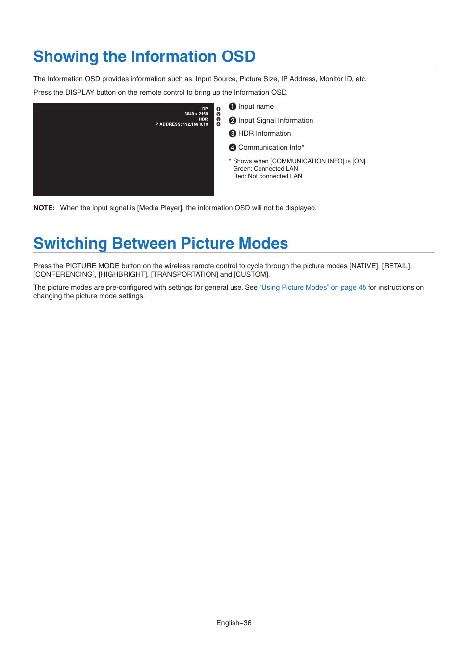 Showing the information osd, Switching between picture modes | NEC MultiSync M491 49" Class HDR 4K UHD Commercial IPS LED Display User Manual | Page 40 / 97
