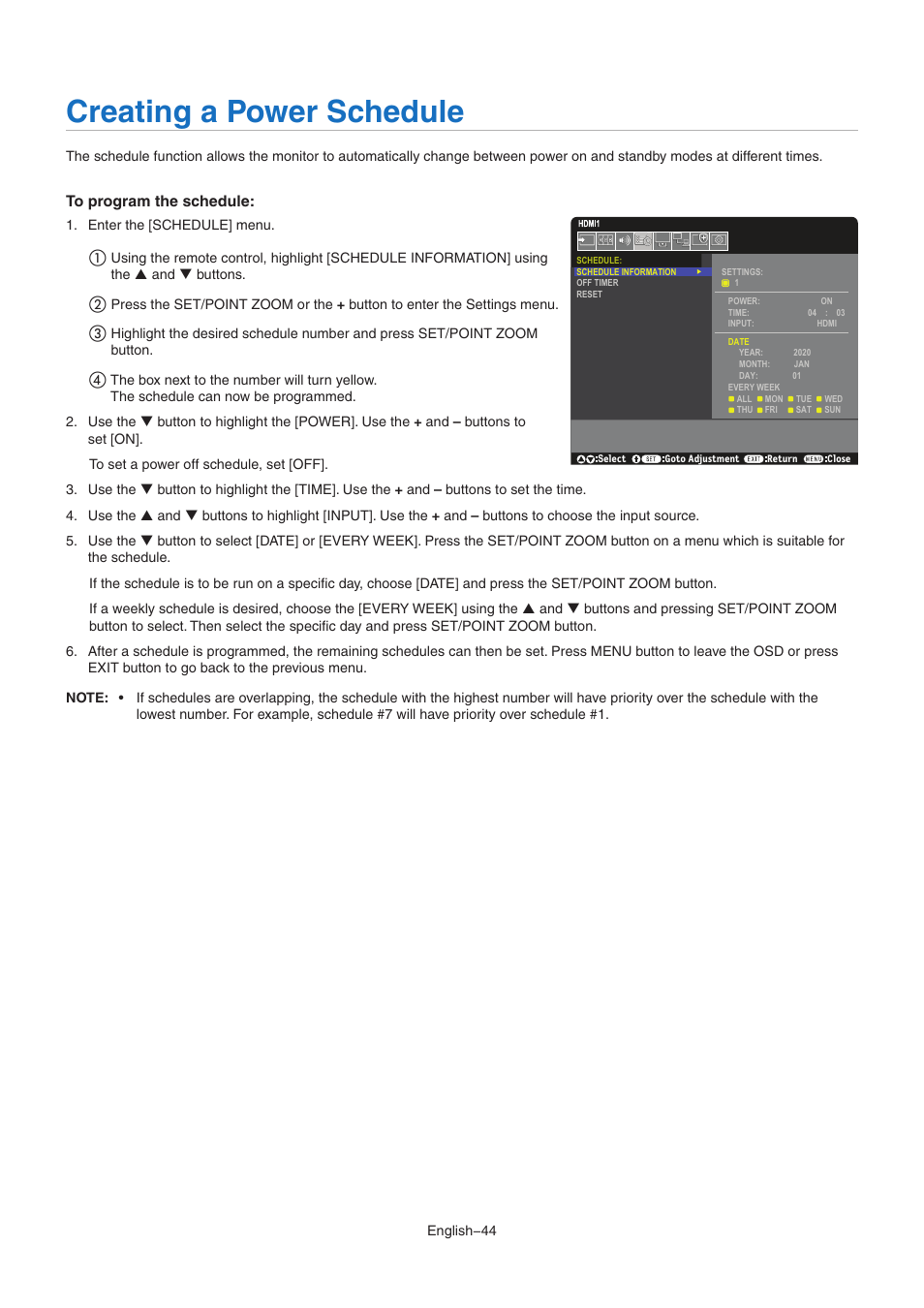 Creating a power schedule | NEC MultiSync M491 49" Class HDR 4K UHD Commercial IPS LED Display User Manual | Page 48 / 97