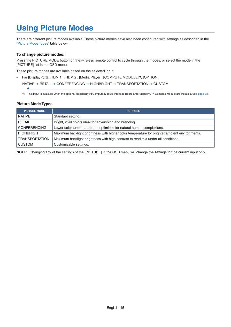 Using picture modes | NEC MultiSync M491 49" Class HDR 4K UHD Commercial IPS LED Display User Manual | Page 49 / 97