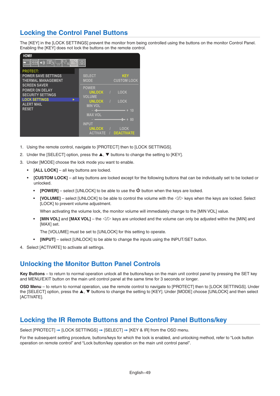 Locking the control panel buttons, Unlocking the monitor button panel controls | NEC MultiSync M491 49" Class HDR 4K UHD Commercial IPS LED Display User Manual | Page 53 / 97