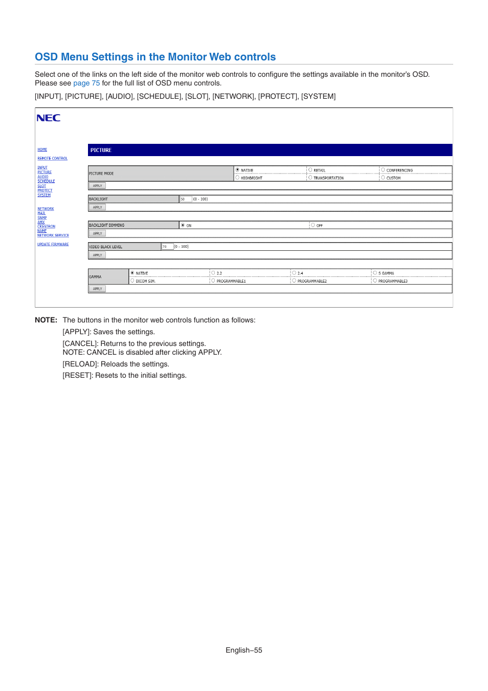 Osd menu settings in the monitor web controls | NEC MultiSync M491 49" Class HDR 4K UHD Commercial IPS LED Display User Manual | Page 59 / 97