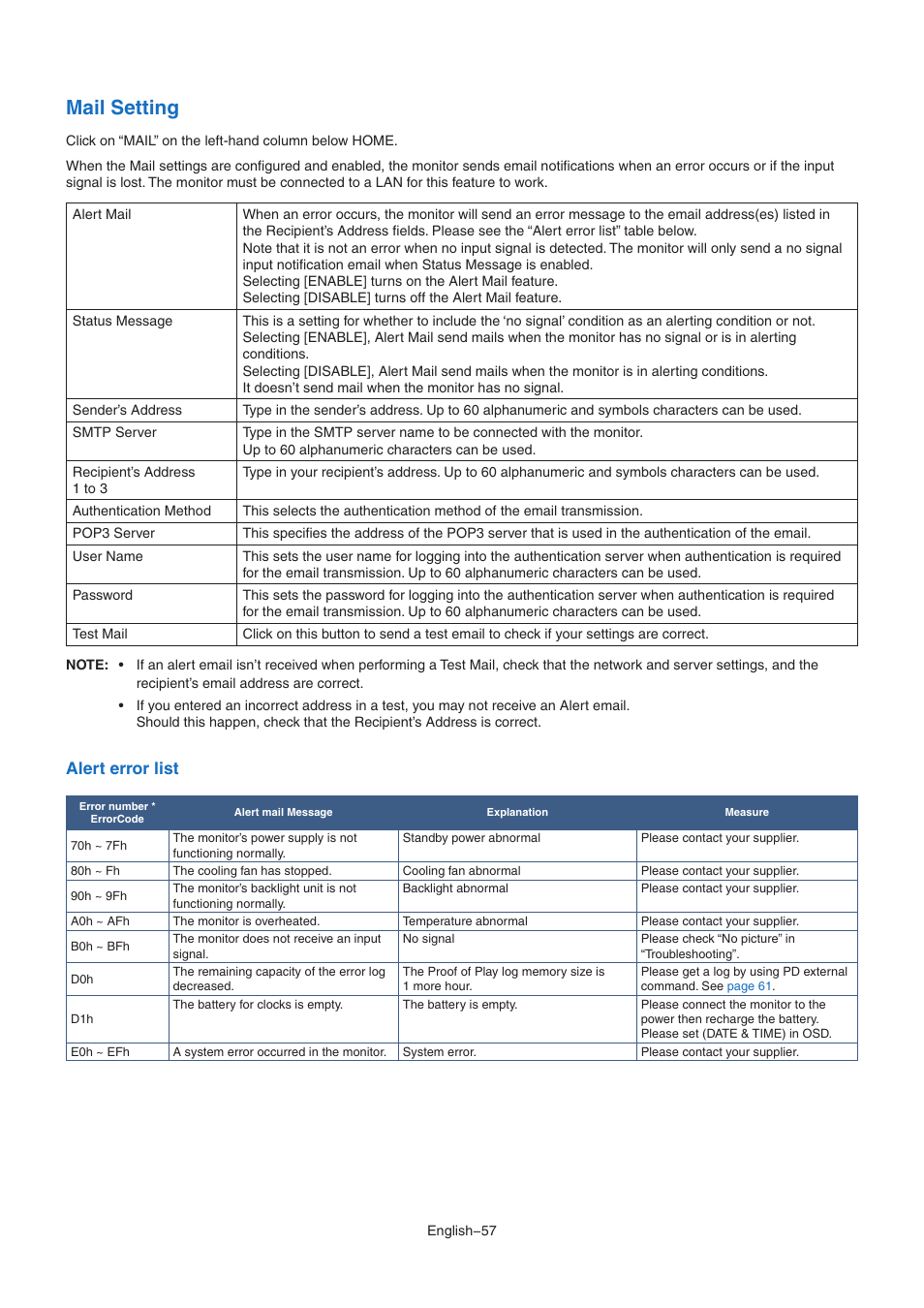 Mail setting, Alert error list | NEC MultiSync M491 49" Class HDR 4K UHD Commercial IPS LED Display User Manual | Page 61 / 97