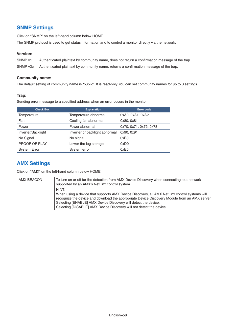 Snmp settings, Amx settings | NEC MultiSync M491 49" Class HDR 4K UHD Commercial IPS LED Display User Manual | Page 62 / 97