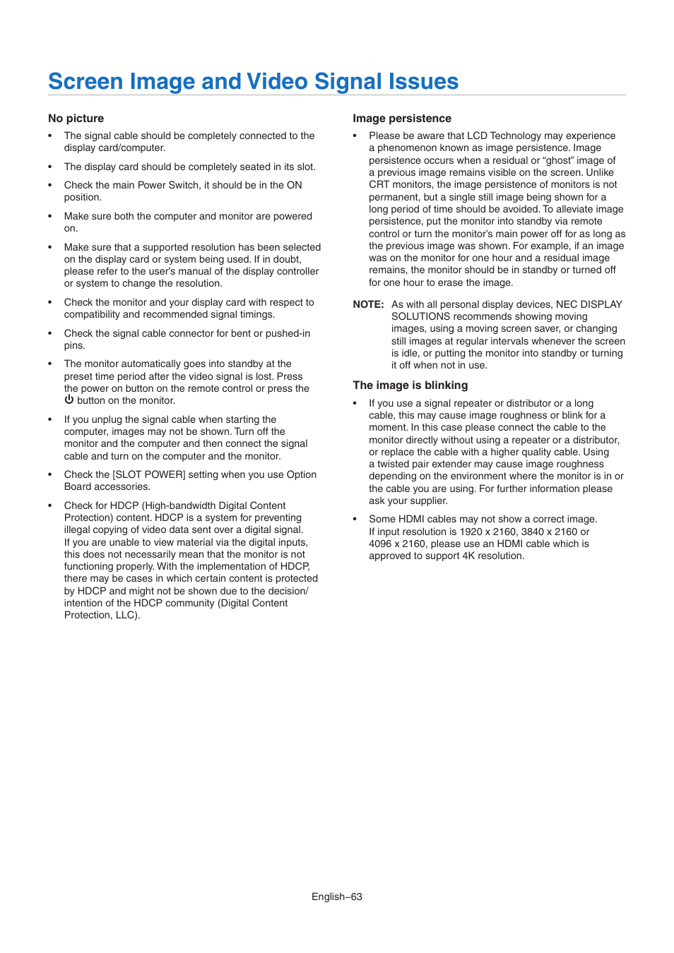 Screen image and video signal issues, No picture, Image persistence | The image is blinking | NEC MultiSync M491 49" Class HDR 4K UHD Commercial IPS LED Display User Manual | Page 67 / 97