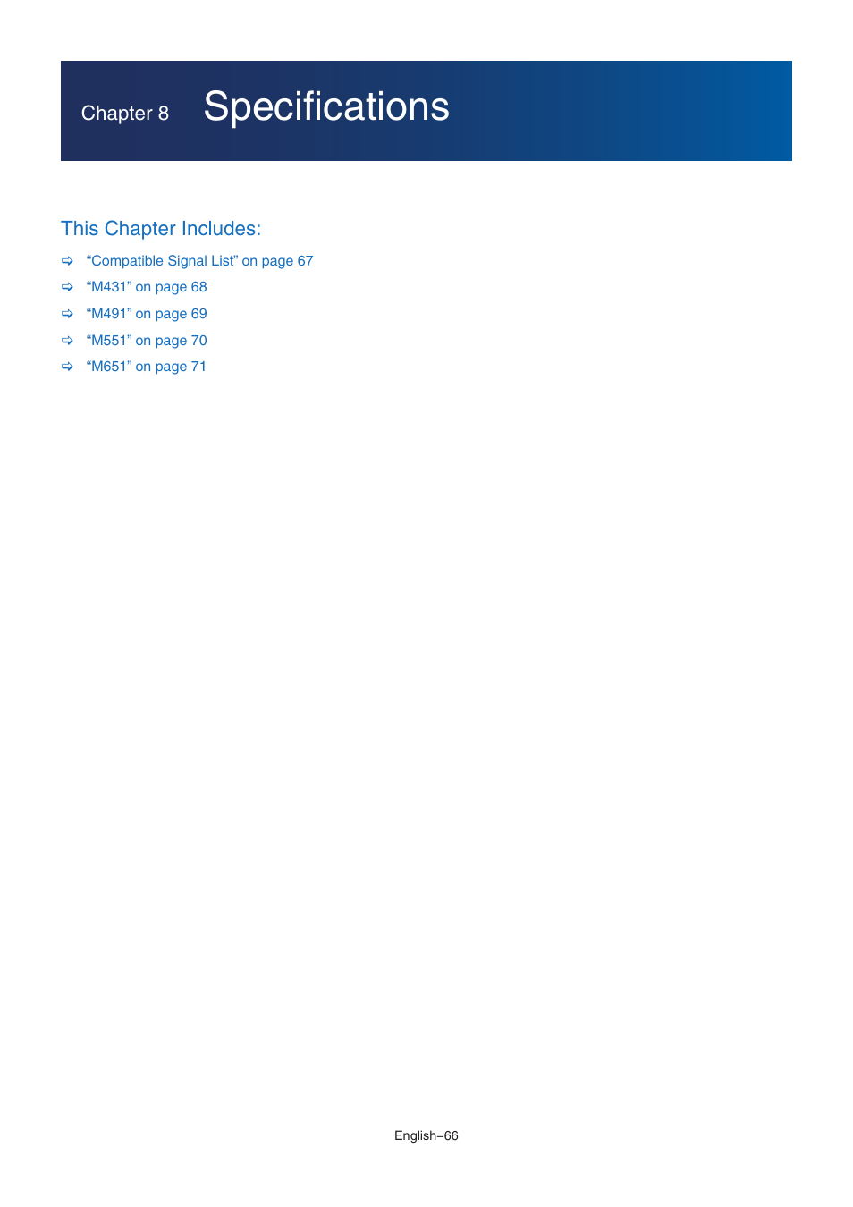 Specifications, Er to, Chapter 8 | This chapter includes | NEC MultiSync M491 49" Class HDR 4K UHD Commercial IPS LED Display User Manual | Page 70 / 97