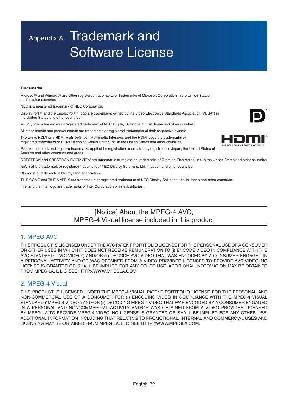 Trademark and software license, Appendix a, Mpeg avc | Mpeg-4 visual | NEC MultiSync M491 49" Class HDR 4K UHD Commercial IPS LED Display User Manual | Page 76 / 97