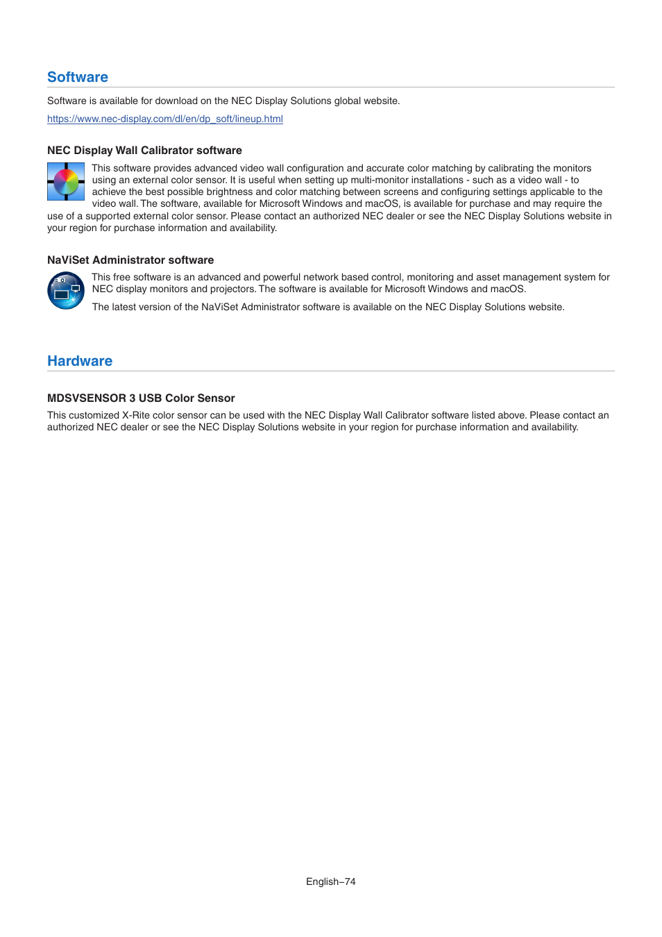 Software, Hardware | NEC MultiSync M491 49" Class HDR 4K UHD Commercial IPS LED Display User Manual | Page 78 / 97